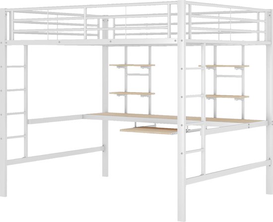Hoogslaper 90x200 cm - met bureau en planken - ijzeren frame - Wit