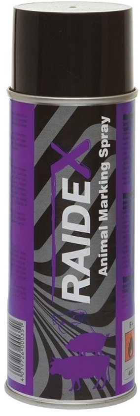 Railex Animal Marking Spray spuitbus, paars met grafische patronen en gestileerde koeien. 400ml.