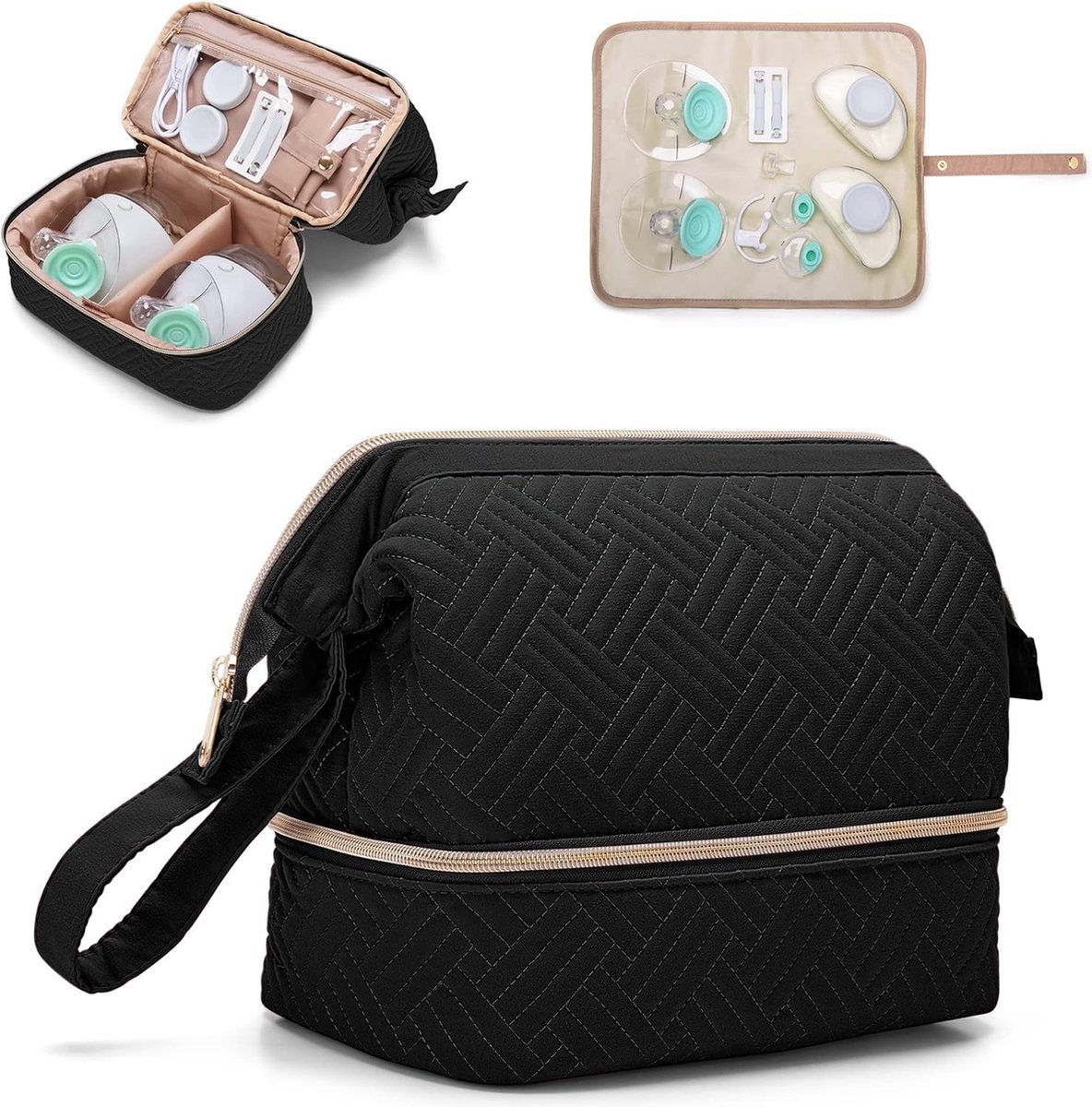 Goedkoopste Draagtas voor Kolfpomp - Geschikt voor Dubbele Kolfpompen - Waterdichte Mat - Geïsoleerde Zakjes - Verstelbare Schouderband - Voor Werkende Moeders - Zwart