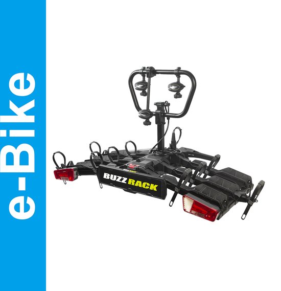 Porte-vélos BuzzRack noir pour vélos électriques, sur fond blanc avec texte bleu 'e-Bike'.