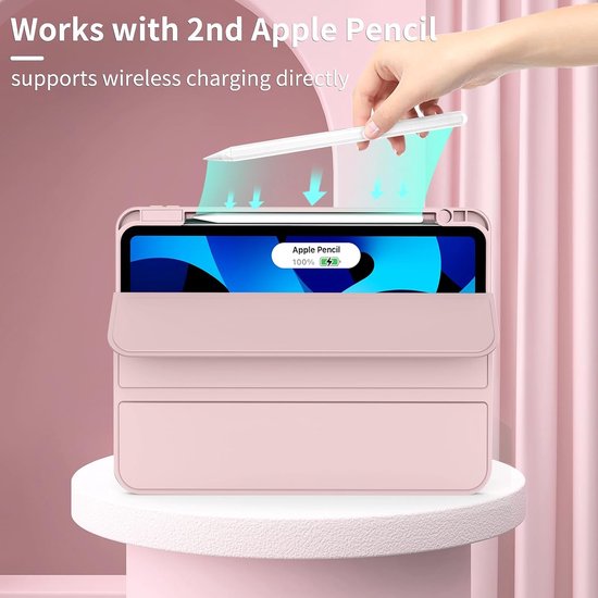 Roze iPad Air hoes met Apple Pencil houder, ondersteunt draadloos opladen