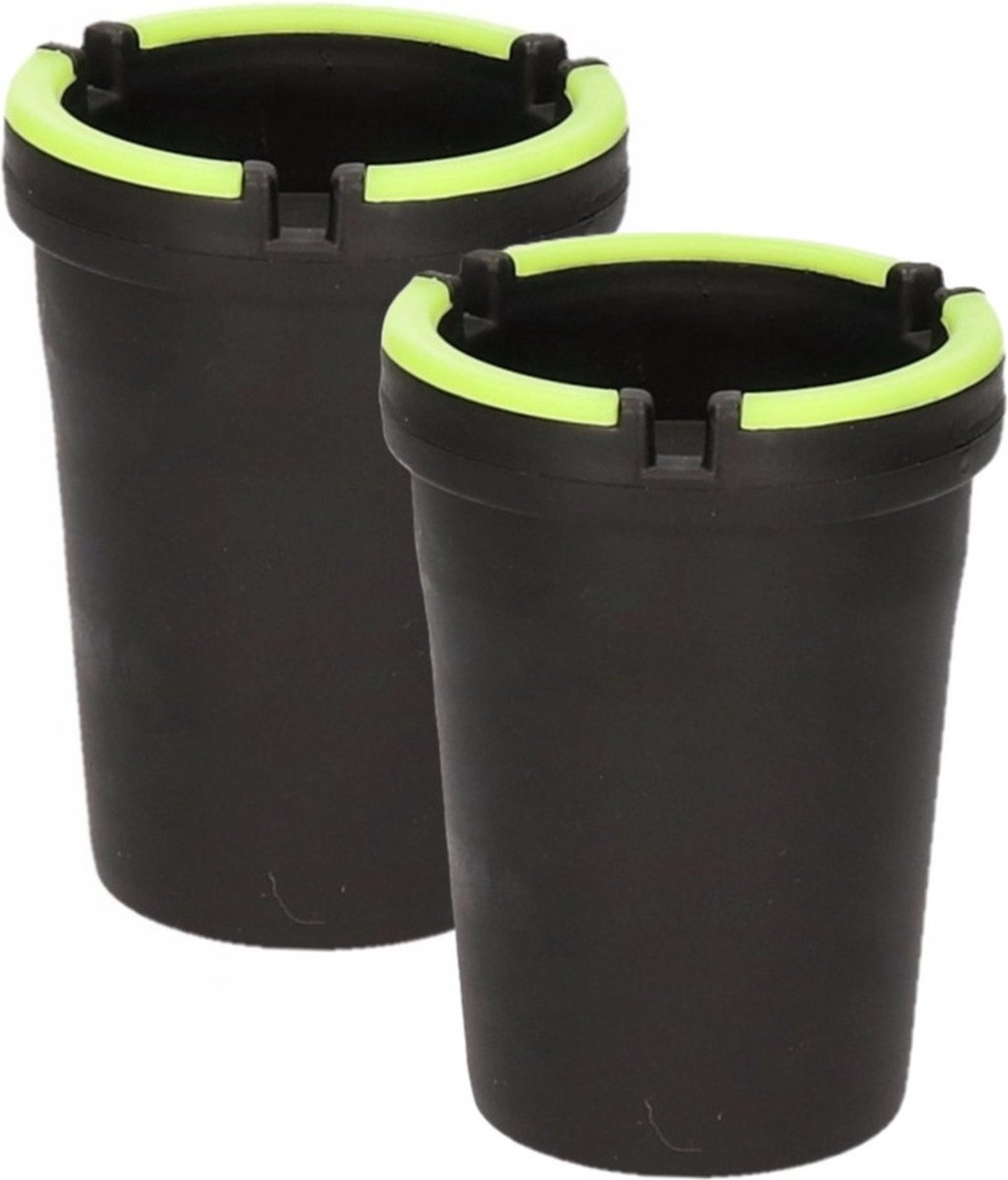 Goedkoopste Auto asbak - 2x - glow in the dark - 11 x 8 cm - zwart - lichtgevend