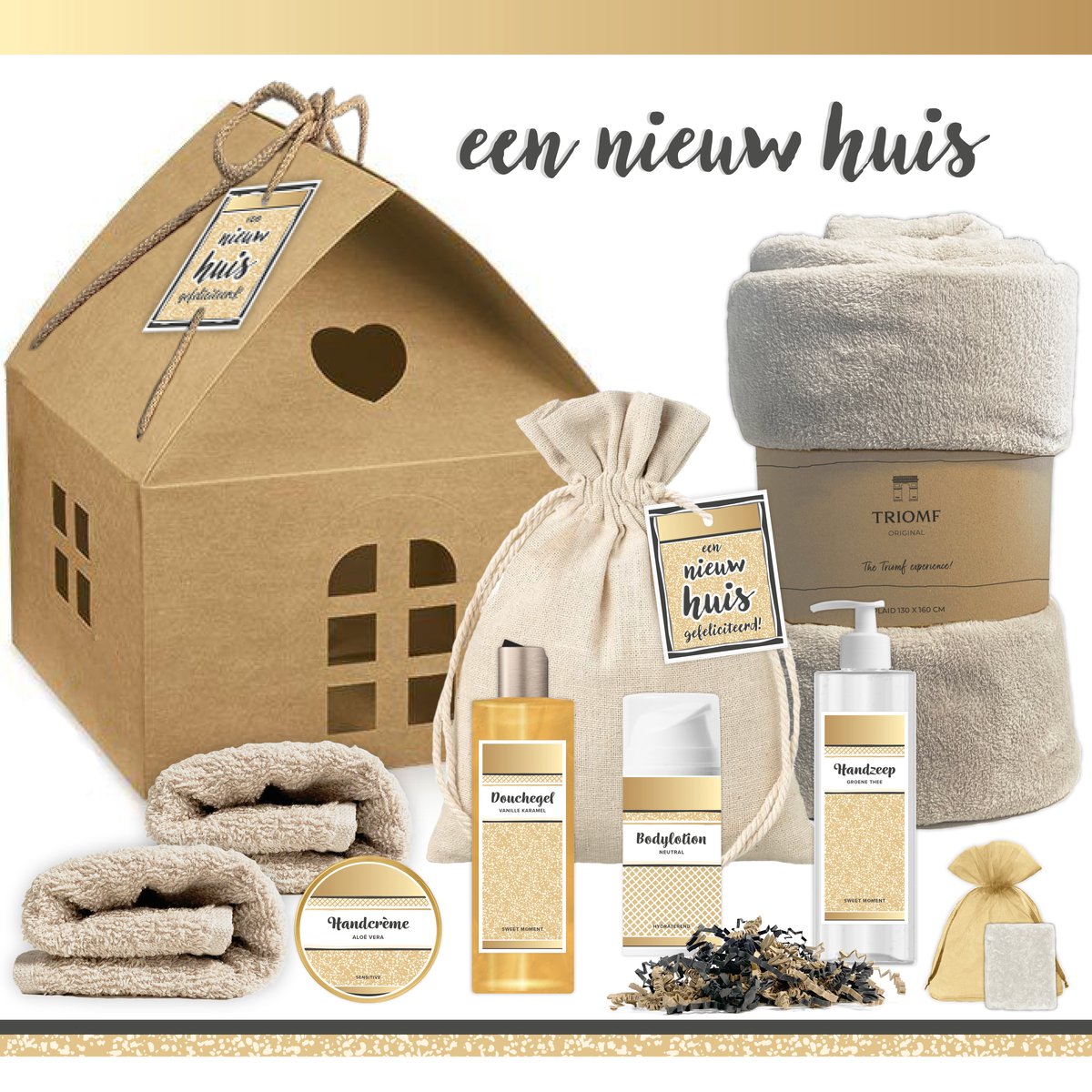 Goedkoopste Geschenkset “Een Nieuw Huis!” - 9 producten - 1350 gram | Cadeau Een nieuwe woning - Man-Vrouw - Wellness Giftset Deluxe - Pakket Verhuizing - Cadeau appartement - Verhuispakket Nieuwe stek - Eigen huis - Giftset Housewarming Party - Goud Naturel