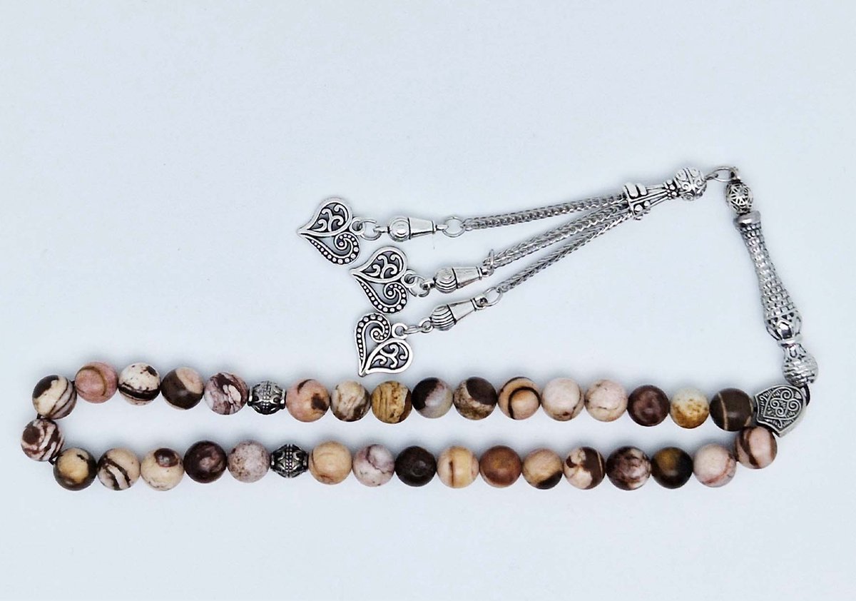 Handgemaakte tesbih klassiek - "Tasbih" natuursteen "Australia zebra jasper" - Aantal kralen 33 - Diameter kralen 8 MM - met metaal tassel "Harten" - Een mooi cadeau-idee
