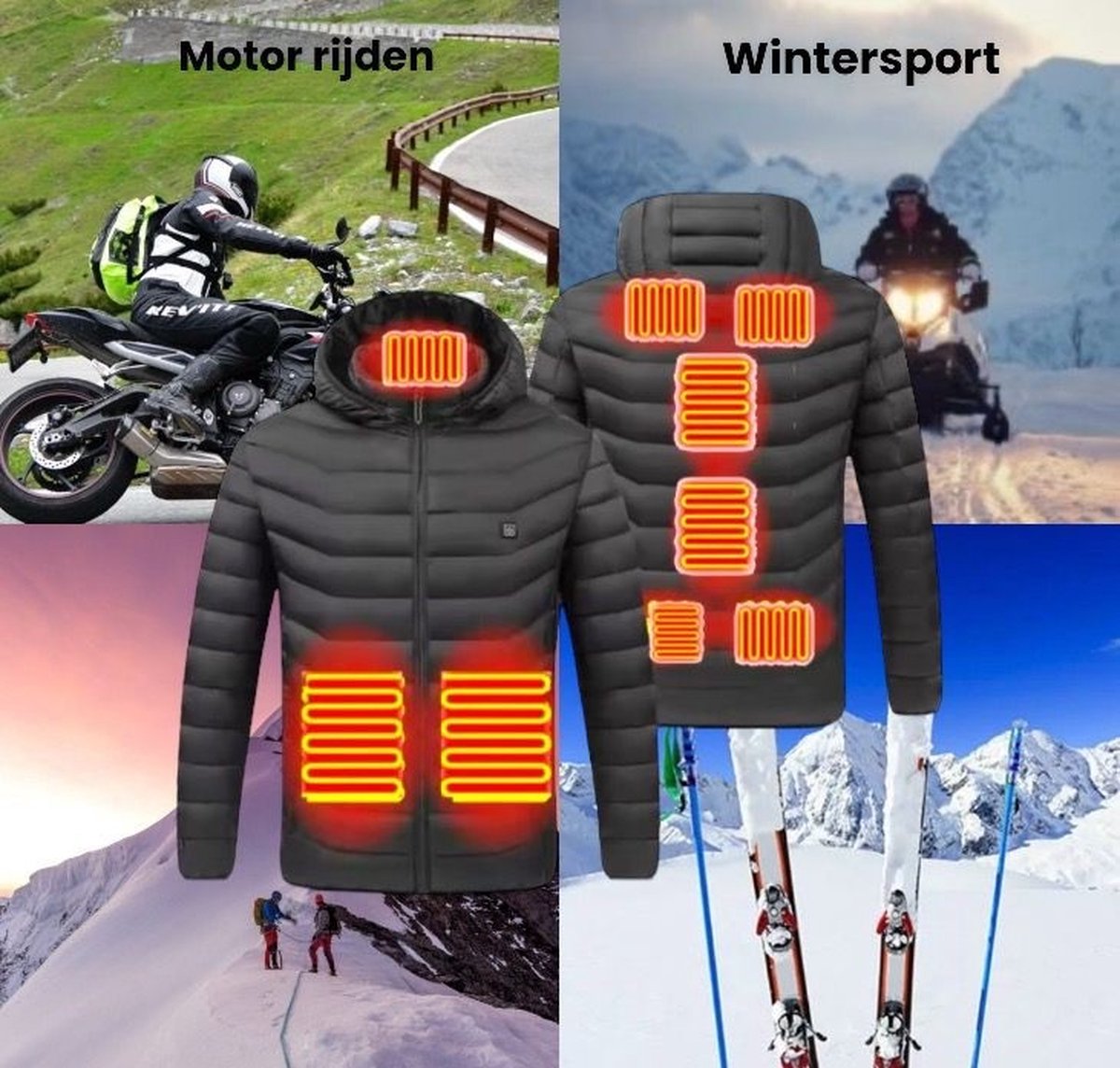 DS Verwarmde Jas / 9 warmtezones 45°C Unisex / Elektrische jas Heated jacket Drie warmtestanden Zwart