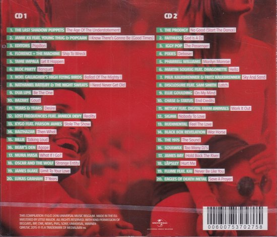 CD hoes met tracklists voor CD 1 en CD 2, met tekst 'The Last Shadow Puppets' en 'The Prodigy' vooraan.