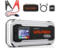 Wolfbox Jumpstarter - 4000A/24.000mAh – Startkabels met Powerbank - Starthulp Voor Auto’s Met LED- en SOS Noodlicht - met adapter - 65W snellader