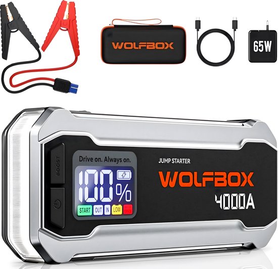 Wolfbox Jumpstarter - 4 000 A/24 000 mAh - Câbles de démarrage avec batterie externe - Démarreur pour Voitures avec éclairage d'urgence LED et SOS