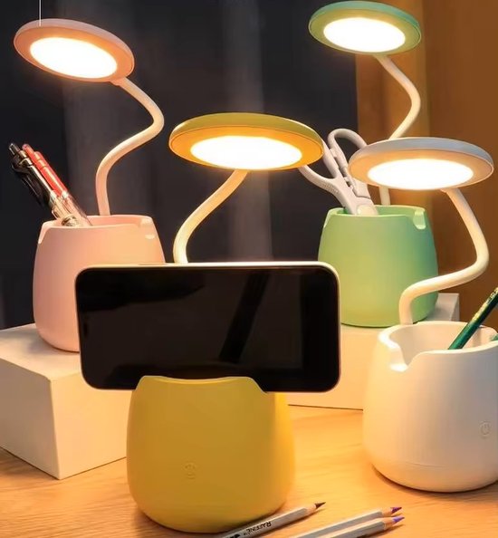 LED Bureaulamp met Pennenhouder Geel | USB Oplaadbaar | Flexibele Hals 360° | Nachtlampje voor Bureau & Slaapkamer
