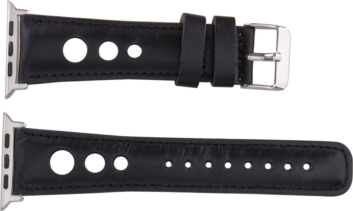 Charmant Style - Horlogebandje- Geschikt voor alle Apple Watch Series 8, Ultra, 7, 6, SE en alle eerdere versies van Apple Watch ( De Gesp kleur is GOLD ) - Wells Holo Strap- Zwart - 42,43,44,45 mm- Echt Leer