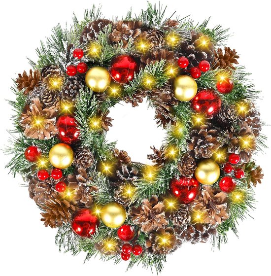 Kerstkrans van 40 cm Kerstkrans met LED-verlichting voor voordeur Xmas Hangende slinger Xmas Kunstmatige krans voor thuis Raam Wanddecoratie Werkt op batterijen (Kleur: R, Diameter: 40cm) (S 30c