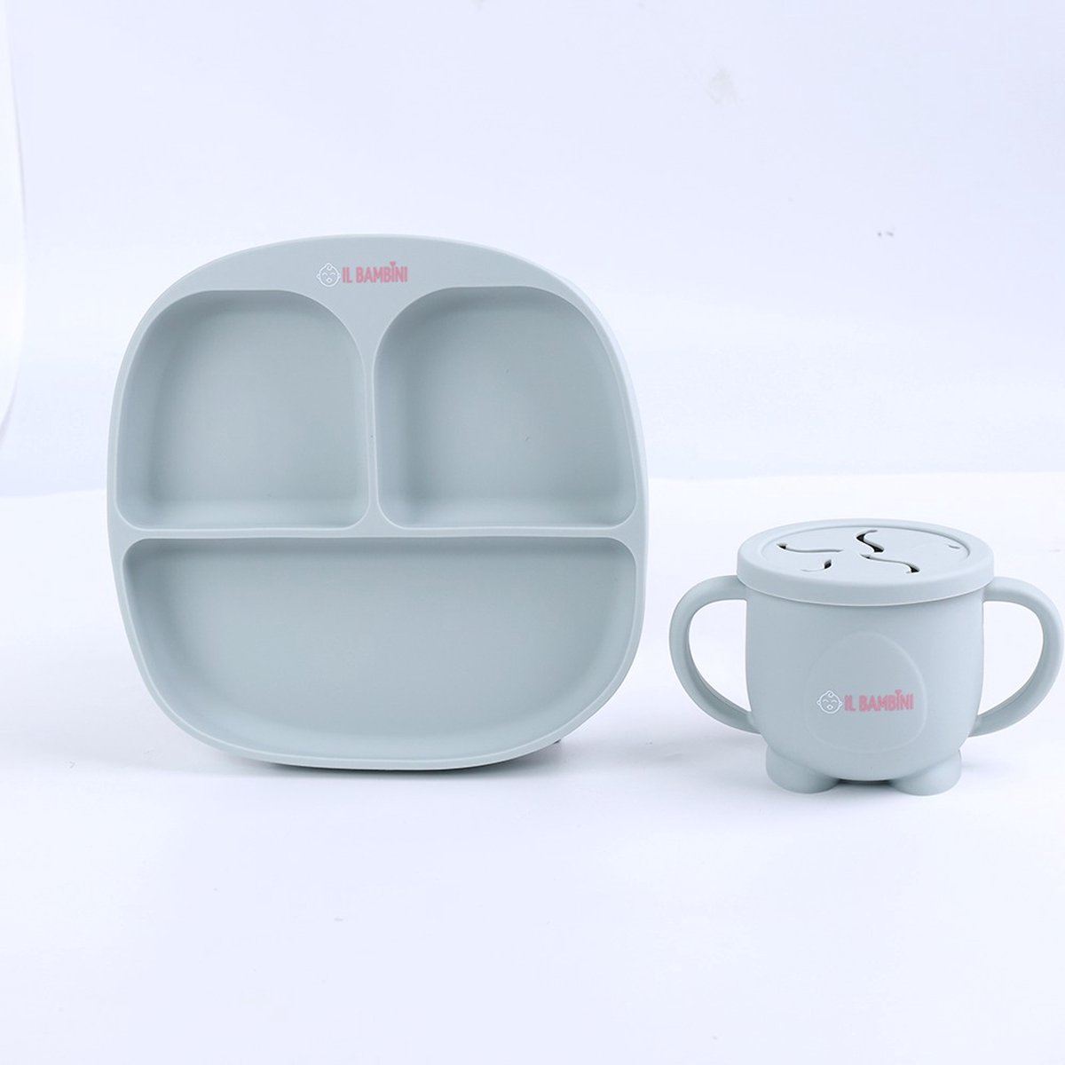 Goedkoopste IL BAMBINI - 2-delige bpa-vrij siliconen Kinderservies Set lichtgroen/grijs - Kinderbord, Beker en Bord - Kraamcadeau - Babycadeau