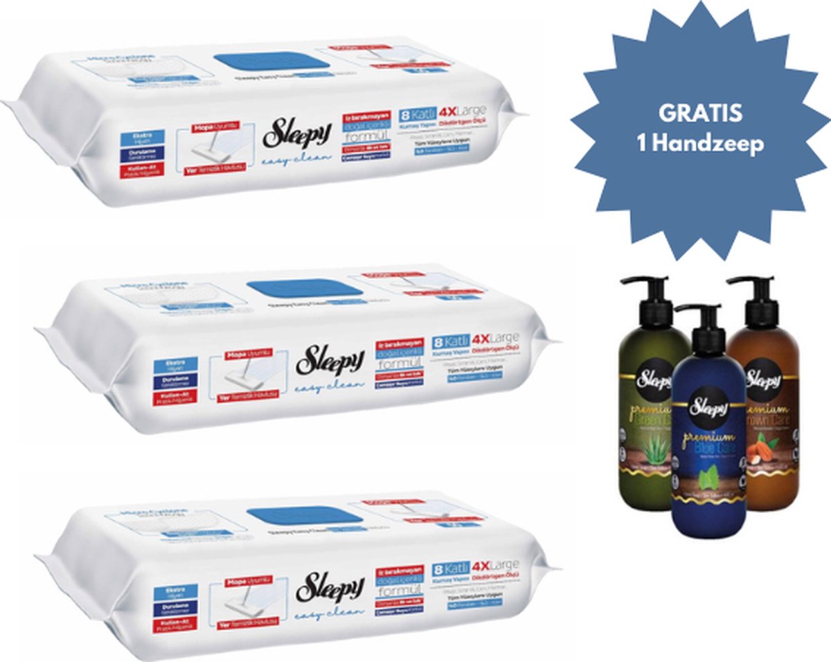 Goedkoopste Sleepy Easy Clean, 4XL Compatibele Vloerreinigingsdoek, ideal voor oppervlakken, hout, keramiek, glas, marmer, blauw pakket met Bleekmiddeladditief, 3 pak x 50 doekjes met 3x Handzee