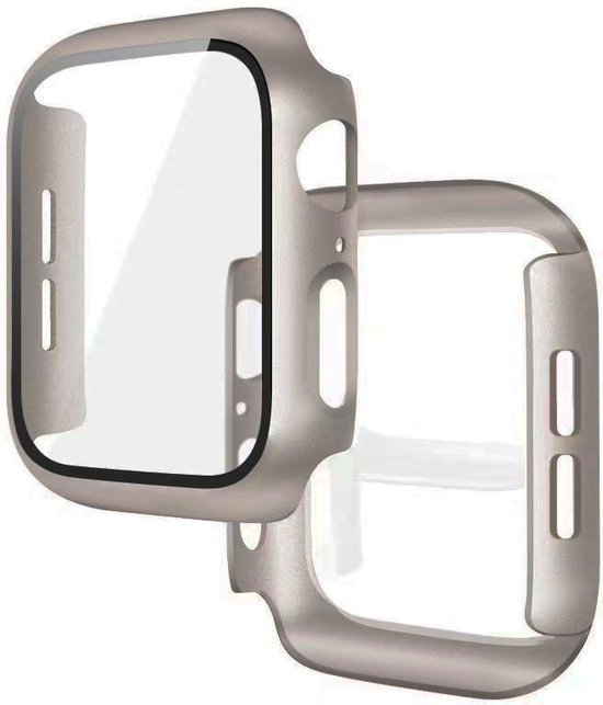 Twee zilverkleurige Apple Watch hoesjes met screenprotector.