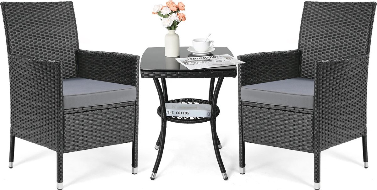 FIBILA Tuinset - Tuinstoelen - 3-Delige Rieten Tuinset - Bistro Set - Met Kussens - Riet