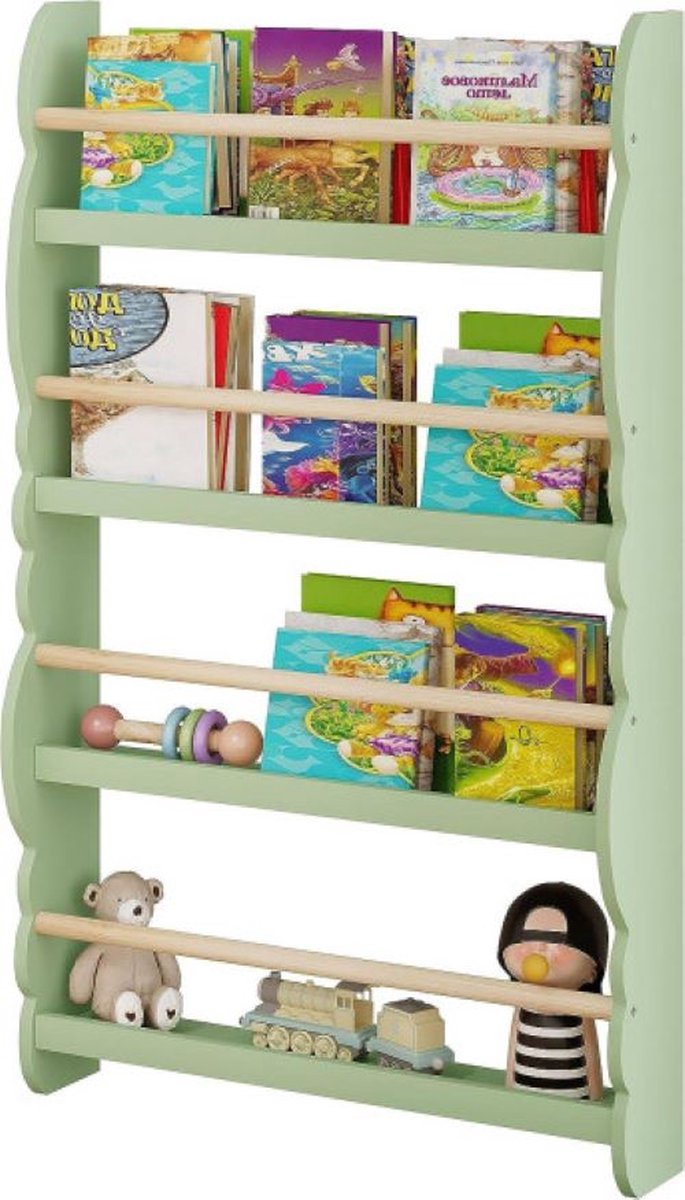 Kinderboekenrek Kinderboeken Plank Wandplank Kinderkamer Modern en Ruimte Besparend 4 Lagen B60.5xH98xD14.5CM MDF Grenen Groen