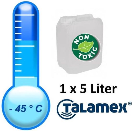 Thermometer die -45°C aangeeft naast een doorzichtige jerrycan met een groen 'Non Toxic' logo.