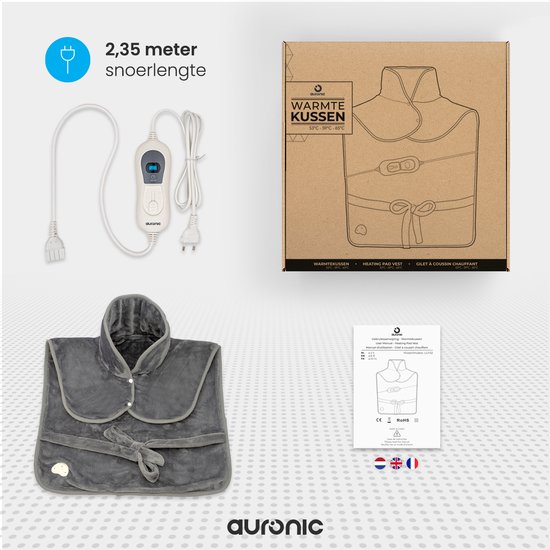 Grijze Auronic warmtekussen met 2,35 meter snoerlengte en afneembare controller.