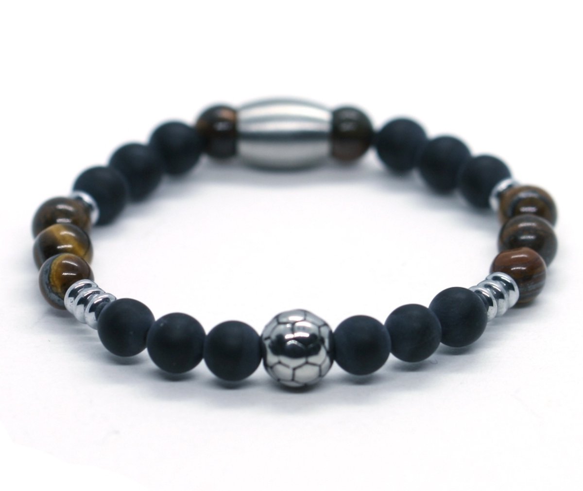 Ibizamen KIDS - Jongens - armband - voetbal - RVS - Onyx - Tijgeroog - 6mm - 15cm