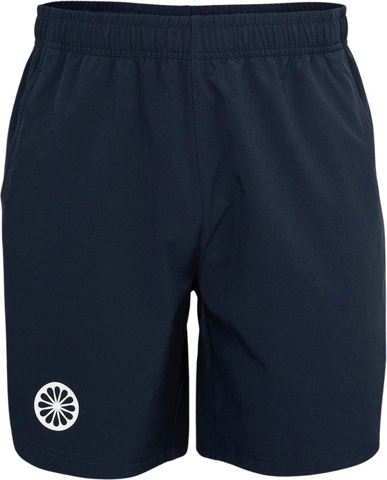 Donkerblauwe sportshort voor heren met elastische tailleband en een wit logo op de linkerpijp.