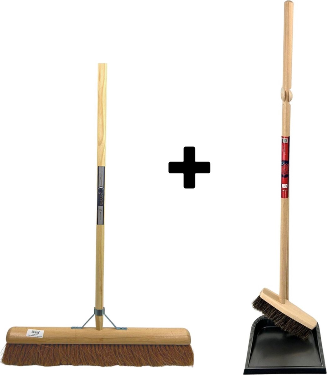 Goedkoopste Synx Tools Coco bezem 50cm en Stoffer en blik met lange steel 97 cm - Paardenhaar / zaalveger - Classic - Hout/Metaal