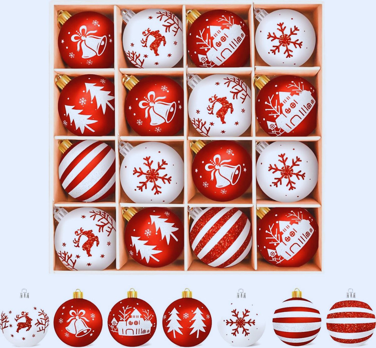 Set Van 16 Rood-Witte Kunststof Kerstballen Met Sleutelhanger – Perfecte Kerstboomversiering En Decoratie Voor Een Feestelijke Sfeer