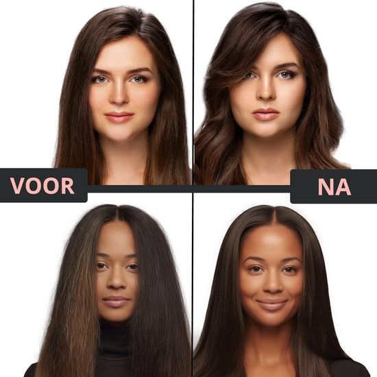 Vergelijking van voor en na styling met de warme luchtborstel, bij twee vrouwen met bruin haar.