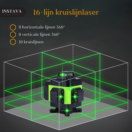 Instava 4D Kruislijnlaser 16 Lijnen – 360° Groene Laser – Zelfnivellerend – Incl. Statief 1,2m & 2 Accu’s – Professionele Laserwaterpas