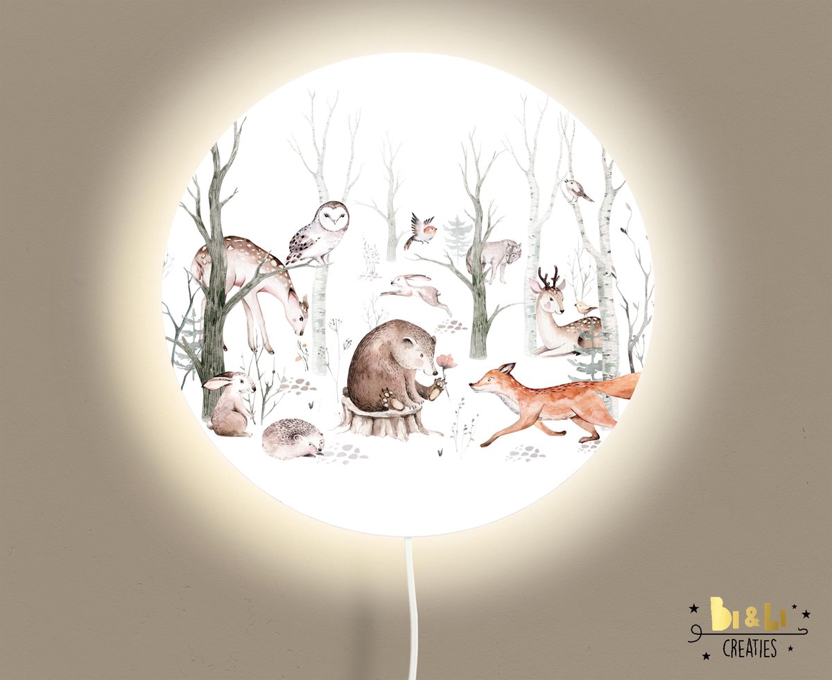 Wandlamp rond forest friends-bosdieren-lamp-vosje-beer-sfeerverlichting-kinderkamerdecoratie-woonaccessoires