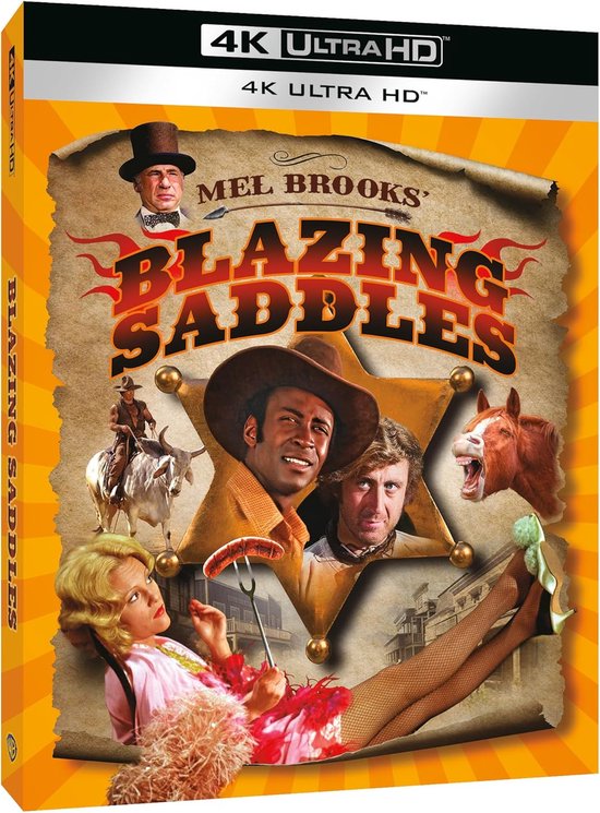 Blazing Saddles 4K Ultra HD-hoes met een cowboy op een paard, een lachende witte paardenkop, en de hoofdrolspelers.