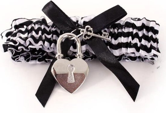 Kousen band zwart/wit met slot - Kousenband carnaval thema feest party fun winter feest festival optocht boef bandiet