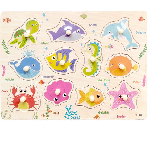 Legpuzzel Vissen - Houten puzzel voor kinderen 1 jaar / 2 jaar / 3 jaar - Educatief speelgoed - Cadeau jongen / meisje - Baby / Dreumes / Peuter