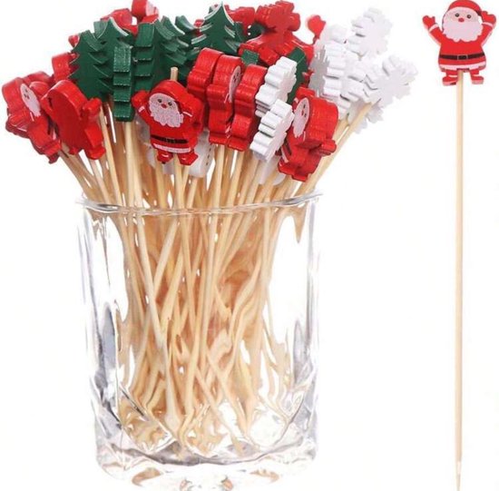 Kerstprikkers - BAMBOE 40 prikkers - Nieuwjaarsborrel - Hout - Cocktailprikkers Kerst - Nieuwjaarsborrel Prikkers | Cocktailprikkers | Kerstcadeau | Sinterklaascadeau - Cocktail Prikker Kerst - Kerst Diner - Satéprikkers - Cocktailprikker Kerst