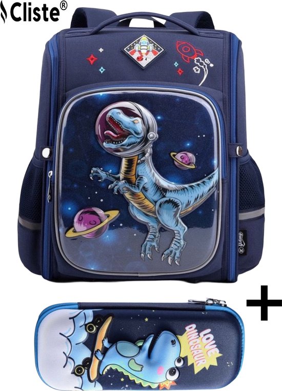 Cliste Schooltas Dinosaurus 3D Print met gratis dinosaur Etui - Jongen - Rugzak Jongens, Rugtas Kind, Schooltas Jongen, Schooltassen Kids, Schoolrugzak - Back to School - Blauw
