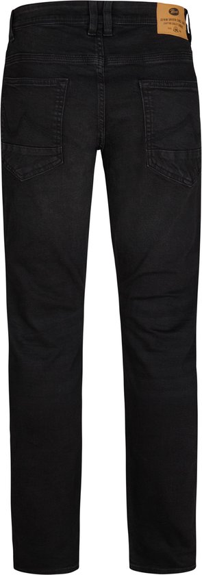 Zwarte jeans met regular tapered fit, achterkant. Met label en twee kontzakken.