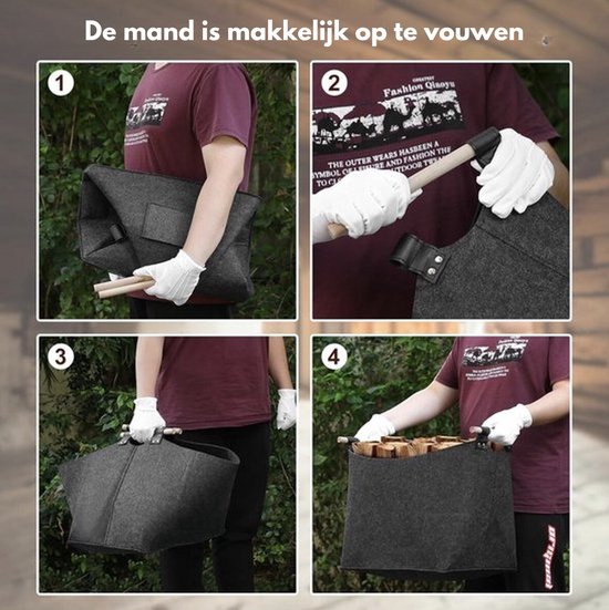 Vier afbeeldingen tonen hoe de donkergrijze vilten mand opvouwbaar is, met bruine houten handvatten.