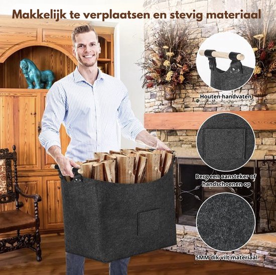 Man draagt donkergrijze vilten mand met houtblokken. De mand heeft bruine leren handvatten en een voorvakje. Gemaakt van 5mm dik vilt.