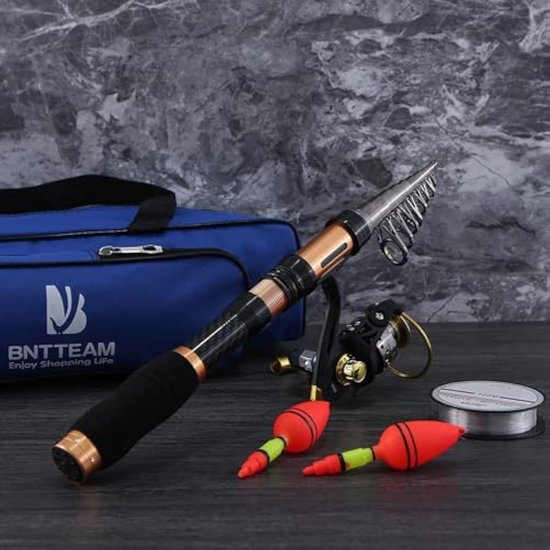 Homesy - Gecombineerde telescopische hengelset, spinmolen van 99% carbon, met tas voor zee, zoetwater, vijver, rivier (T1 complete set, 2,4 m) + 1 x set visaas. 2 stuks hengeldrijvers (als gratis cadeau). van Homesy — afbeelding 4