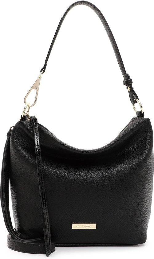 Zwarte Emily & Noah tas met korrelig oppervlak, goudkleurig logo en sluiting.