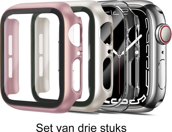 Drie Apple Watch hoesjes in rosé goud, starlight en transparant, met "Set van drie stuks" tekst.