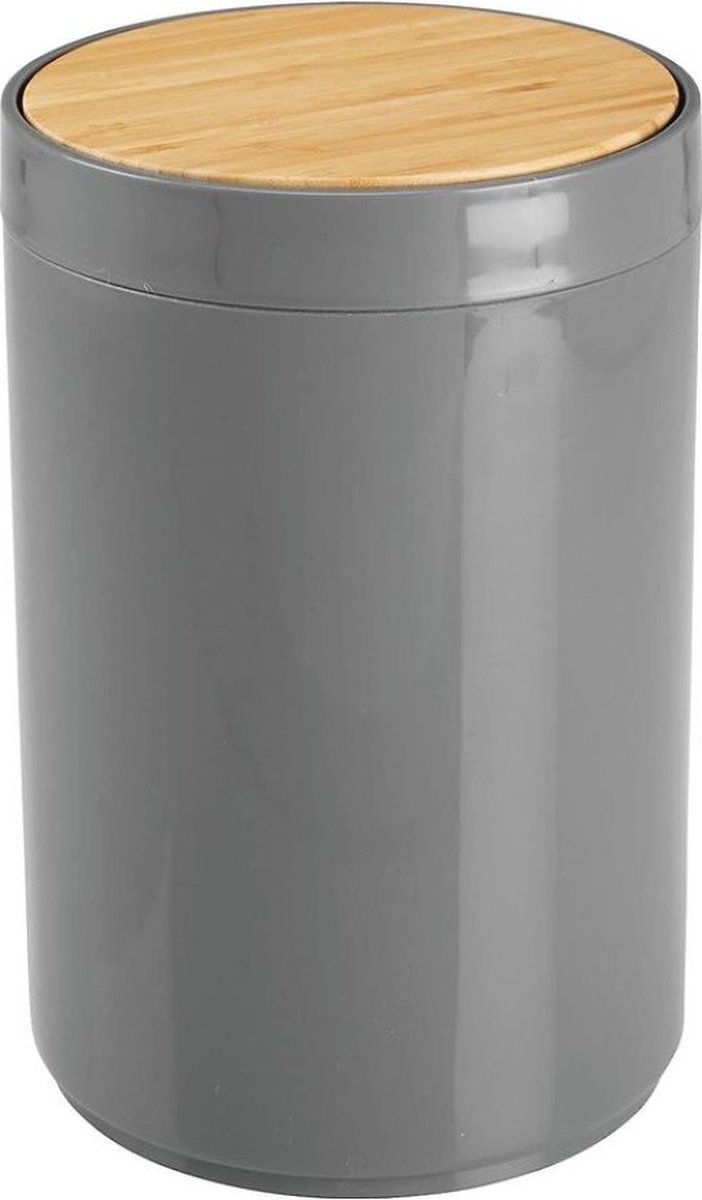Prullenbak - afvalbak - voor badkamer en slaapkamer - bamboe en plastic/met swing-deksel - klein - natuurlijk/antraciet