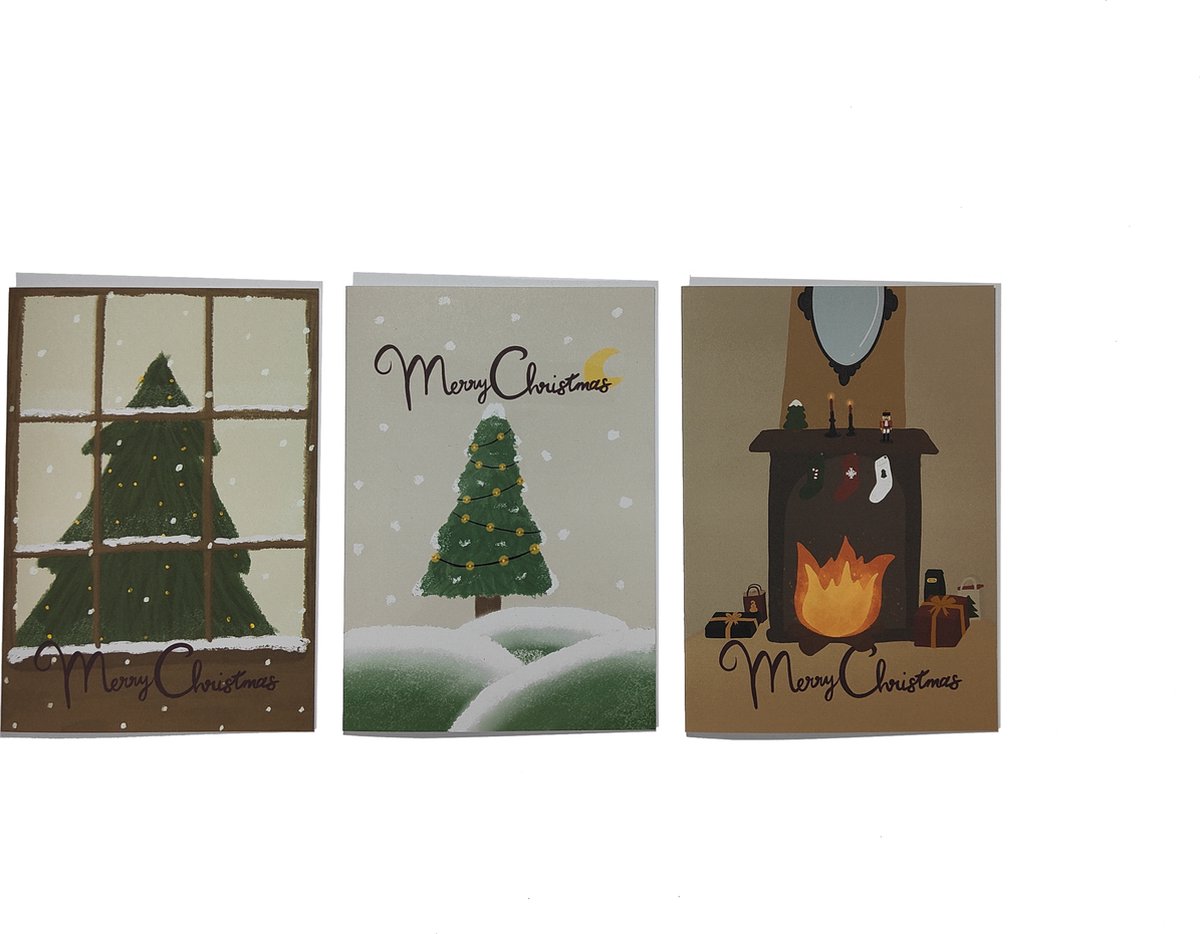 21x Kerstkaarten Handgemaakte set Kerstsfeer met Enveloppen (C6 formaat) - Kaartenset - Thema: Kerstsfeer - tekst “Merry Christmas” - Blanco Binnenkant - Kerstkaart - Handgemaakte Luxe Kerstkaarten - Wenskaarten