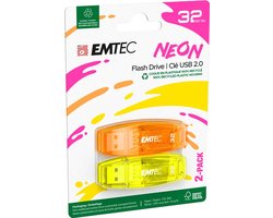 Emtec C410 2-pack Neon USB flash drive 32 GB USB Type-A 2.0 Oranje, Geel