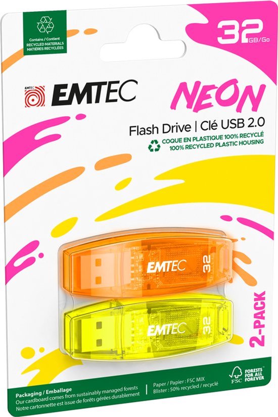 Lot de 2 clés USB 2.0 EMTEC NEON orange et jaune. 32 Go chacune. Fabriquées à partir de plastique 100% recyclé.