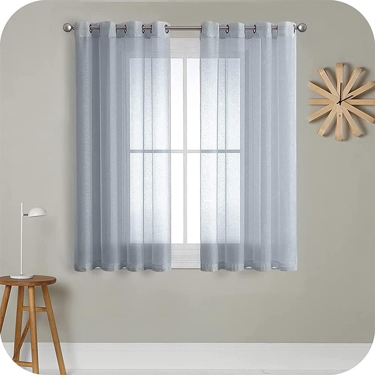 PolkaHome Transparant voilegordijn, 175 cm lang, 2 panelen, linnenlook, met zeilringen, voor slaapkamer, woonkamer, terrasdeur, 140 x 175 cm, grijs