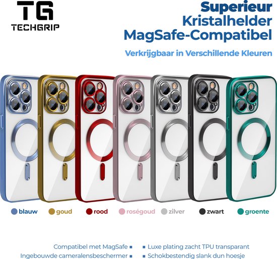 Zeven MagSafe hoesjes in verschillende kleuren: blauw, goud, rood, roségoud, zilver, zwart, groen.