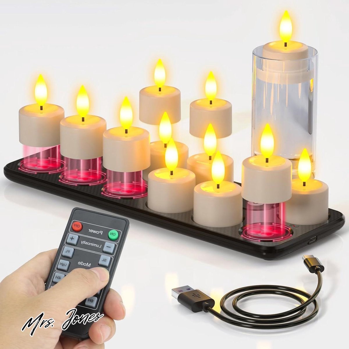 Mrs. Jones Oplaadbare LED theelichtjes met laadstation en afstandsbediening - Set van 12 waterdichte elektrische kaarsen flikkerend met timerfunctie voor thuis kamer Halloween Kerstmis . multi color