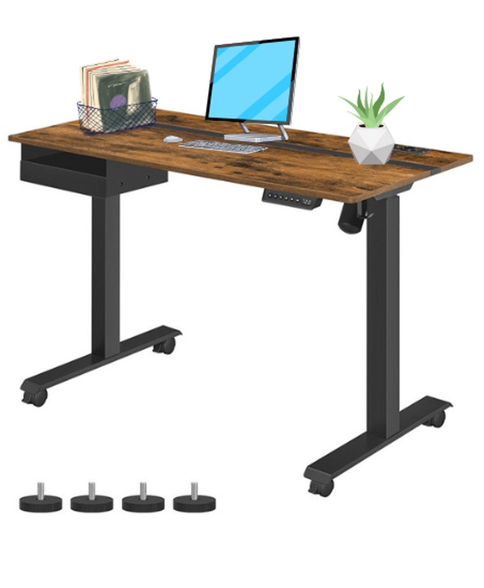 zit sta bureau - zit sta bureau elektrisch met wielen - bureau Met memoryfunctie met 4 hoogtes - traploos verstelbaar - bruin-zwart - 140 cm