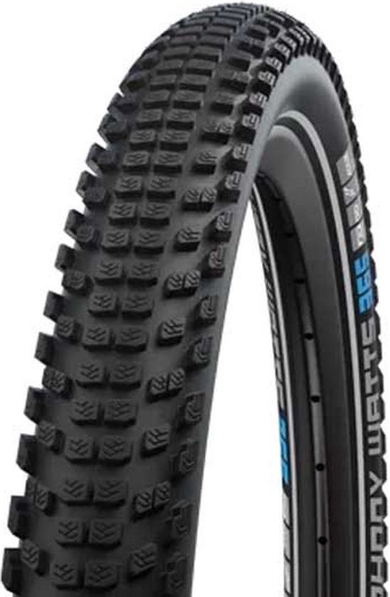 Zwarte vouwband, Schwalbe Johnny Watts 365 met profiel en blauwe tekst.