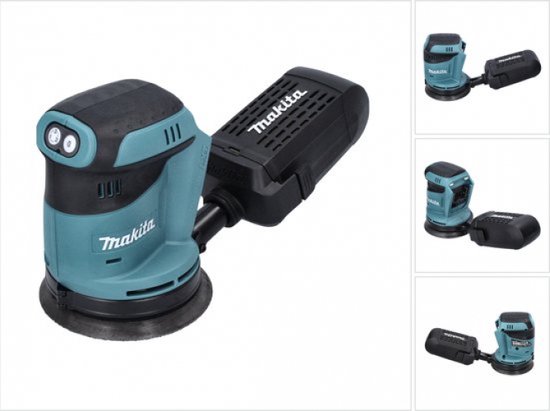Turquoise en zwarte Makita excenterschuurmachine met stofopvangbak en twee lampjes.